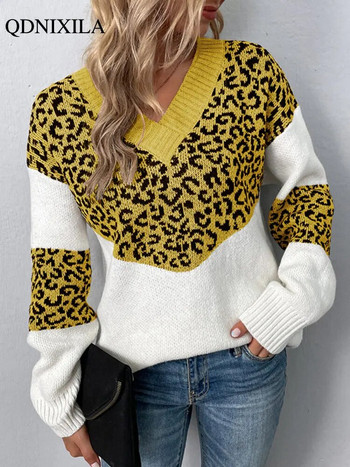 2022 Autumer Winter V-образно деколте Топли дамски горнища, пуловер, пуловер с леопардов принт, теглещ джъмпер, женска блуза за плетене, широки дълги ръкави