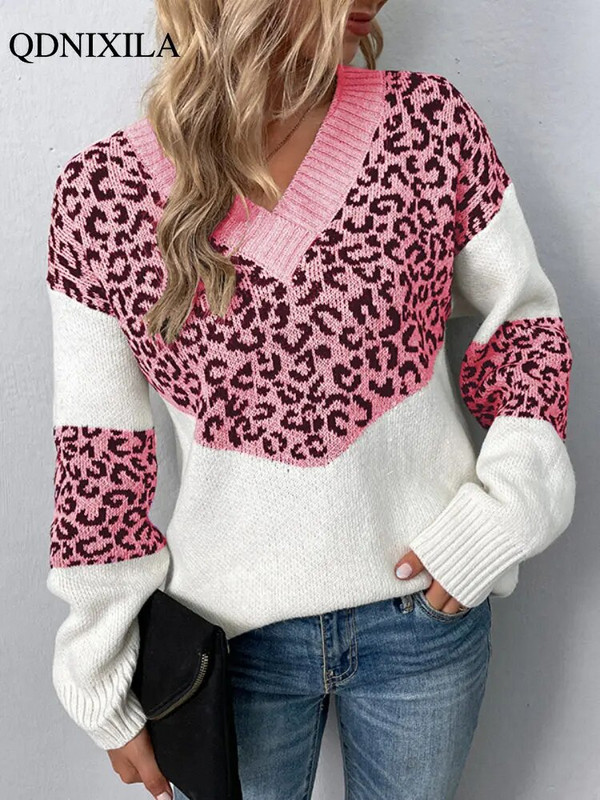 Φθινόπωρο 2022 Χειμώνας με λαιμόκοψη V, ζεστές γυναικείες μπλούζες Πουλόβερ πουλόβερ λεοπάρ στάμπα πουλόβερ Γυναικεία μπλούζα πλέξης μακριά μανίκια φαρδιά