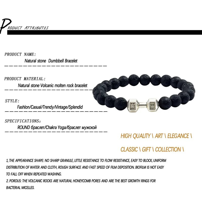 Karsta dabīgā akmens hanteles pērlīšu rokassprādze melna lava oniksa krelles Fitness Fit Life lūgšanu rokassprādzes rokas stienis vīriešu rotaslietas
