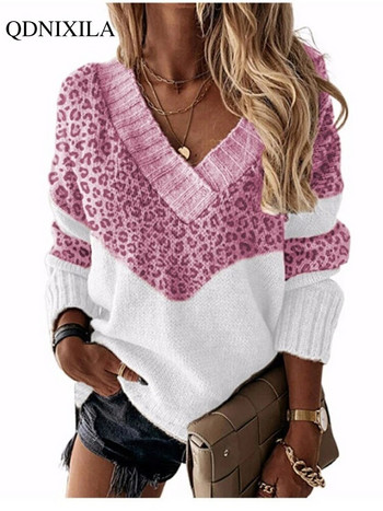 Γυναικείο πουλόβερ με λαιμόκοψη V 2023, φθινοπωρινό, χειμερινό, κορεάτικο, γυναικείο πουλόβερ με ριγέ, μακρυμάνικο πλεκτό, ροζ γυναικείο μπλουζάκι