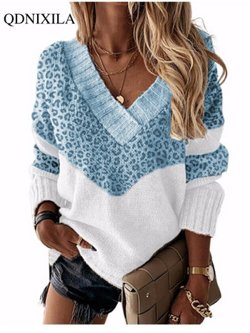 2023 Есен Зима Корейска мода Дамски пуловер с V-образно деколте Винтидж плетена горна част с дълги ръкави с леопардово деколте Розов дамски пуловер Джърси