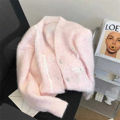 Korejski pleteni kardigan Jakne Čipkana mašna Dizajn Džemperi Kaputi Ležerne ženske elegantne pletene jakne Nove široke Malhas Casaco