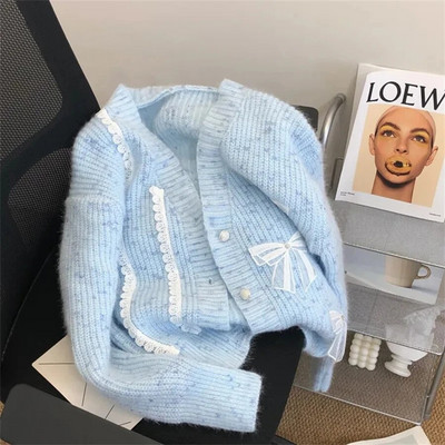 Korejski pleteni kardigan Jakne Čipkana mašna Dizajn Džemperi Kaputi Ležerne ženske elegantne pletene jakne Nove široke Malhas Casaco