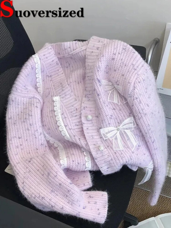 Korejiešu trikotāžas jakas jakas Mežģīnes Bow Dizains Džemperis Mēteļi Ikdienišķa Sieviešu Eleganta Trikotāža Gilet Jauns Brīvs Malhas Casaco