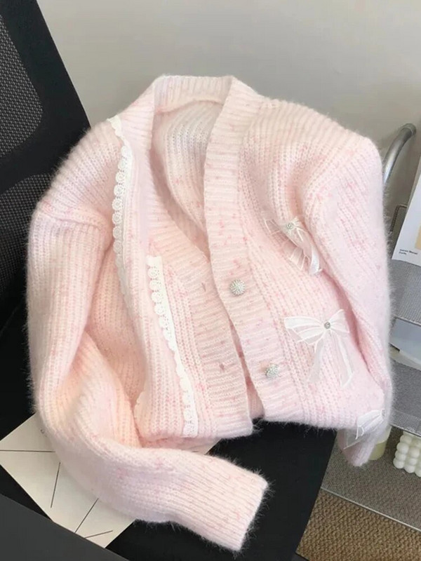 Korejiešu trikotāžas jakas jakas Mežģīnes Bow Dizains Džemperis Mēteļi Ikdienišķa Sieviešu Eleganta Trikotāža Gilet Jauns Brīvs Malhas Casaco