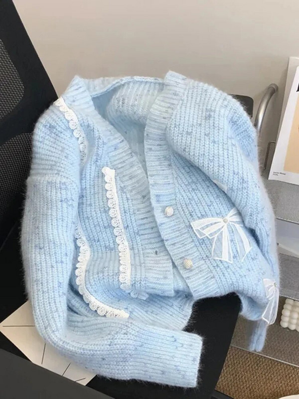 Korejiešu trikotāžas jakas jakas Mežģīnes Bow Dizains Džemperis Mēteļi Ikdienišķa Sieviešu Eleganta Trikotāža Gilet Jauns Brīvs Malhas Casaco