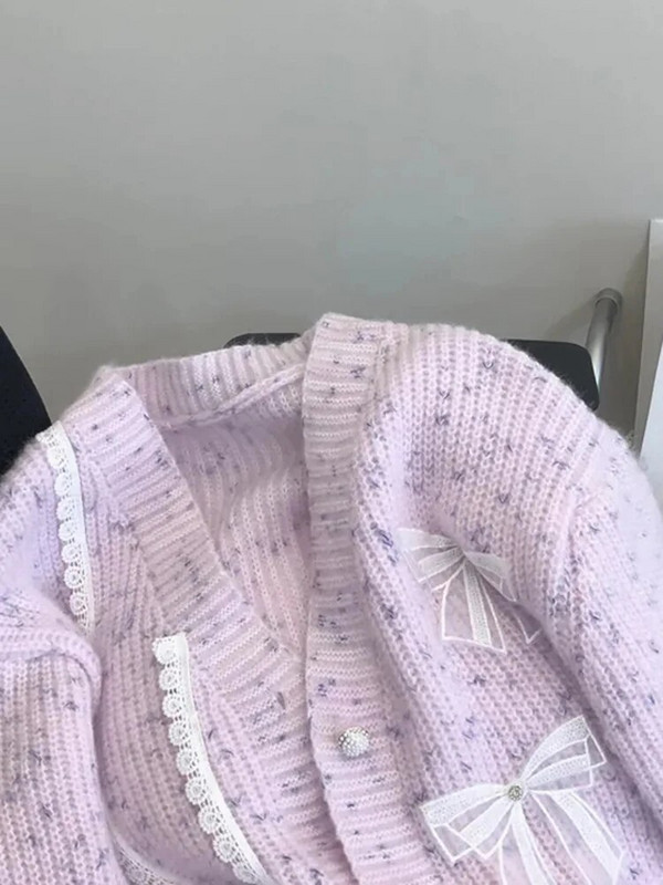 Korejiešu trikotāžas jakas jakas Mežģīnes Bow Dizains Džemperis Mēteļi Ikdienišķa Sieviešu Eleganta Trikotāža Gilet Jauns Brīvs Malhas Casaco