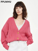 Φαρδιά πουλόβερ Ζακέτα Γυναικείες Κορεάτικες Casual Twists πλεκτά μπουφάν Νέα μακρυμάνικα πλεκτά Gilet με λαιμόκοψη σε V τοπ Malhas Casaco