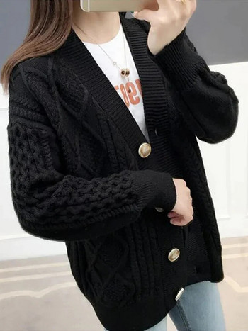 Φαρδιά πουλόβερ Ζακέτα Γυναικείες Κορεάτικες Casual Twists πλεκτά μπουφάν Νέα μακρυμάνικα πλεκτά Gilet με λαιμόκοψη σε V τοπ Malhas Casaco