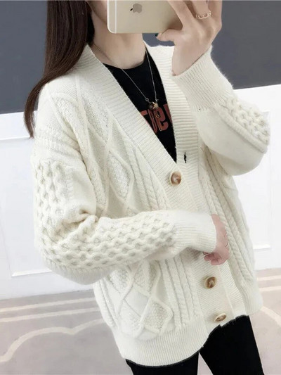 Φαρδιά πουλόβερ Ζακέτα Γυναικείες Κορεάτικες Casual Twists πλεκτά μπουφάν Νέα μακρυμάνικα πλεκτά Gilet με λαιμόκοψη σε V τοπ Malhas Casaco