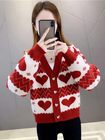 Тънък къс пуловер Жилетка Палта Дамски корейски трикотажни жилетки Меки ежедневни якета Malhas Cute Love Printted Плетено горно облекло Ново