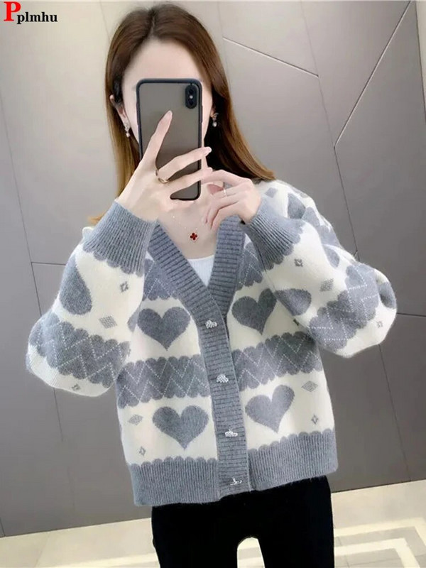 Λεπτό κοντό πουλόβερ Ζακέτα Γυναικεία κορεάτικα πλεκτά Gilet Soft casual Malhas Jackets Cute Love Printed πλεκτά εξωτερικά ρούχα Νέο