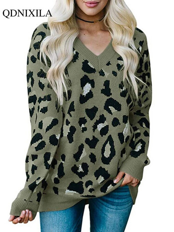 2023 Есен Зима Нов стил Леопардов пуловер с V-образно деколте Топ с дълъг ръкав Плетене на една кука Плетене на корейски жакард Дамски блузи Пуловери