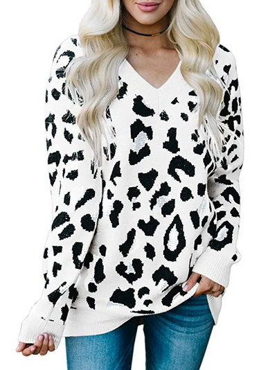2023. gada rudens ziema Jauna stila leopards ar V veida kakla izgriezumu, džemperis ar garām piedurknēm, tamborējums, korejiešu žakarda sieviešu blūzes, džemperi