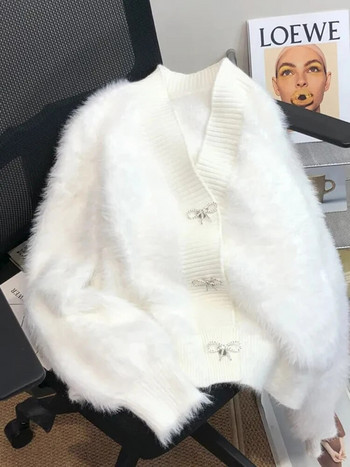 Νέα Imitation Mink Knitted Cropped Cardigan Κορεατικά βελούδινα μαλακά λεπτά πουλόβερ κοντά παλτό Άνοιξη Φθινοπωρινό Casual Πλεκτά Gilet Tops