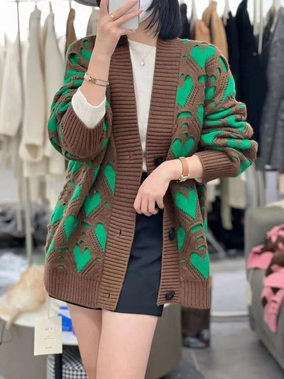 Rudens ziemas brīvs džemperis jaciņas mēteļi sievietēm ikdienas mīlestības apdruka Trikotāžas jakas Korejas V veida kakla izgriezuma Trikotāža Casaco Bieza Silta Gilet