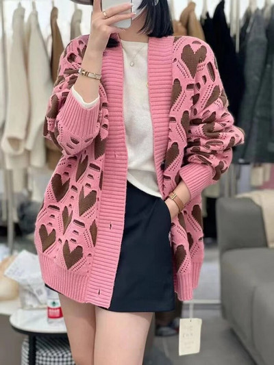 Rudens ziemas brīvs džemperis jaciņas mēteļi sievietēm ikdienas mīlestības apdruka Trikotāžas jakas Korejas V veida kakla izgriezuma Trikotāža Casaco Bieza Silta Gilet