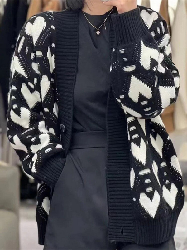 Rudens ziemas brīvs džemperis jaciņas mēteļi sievietēm ikdienas mīlestības apdruka Trikotāžas jakas Korejas V veida kakla izgriezuma Trikotāža Casaco Bieza Silta Gilet