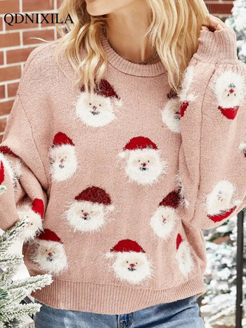 Есенно-зимен плетен дамски пуловер за 2023 г. Коледен пуловер Корейски карикатурен кръгло деколте Свободна мека топла блуза с дълъг ръкав Ежедневна