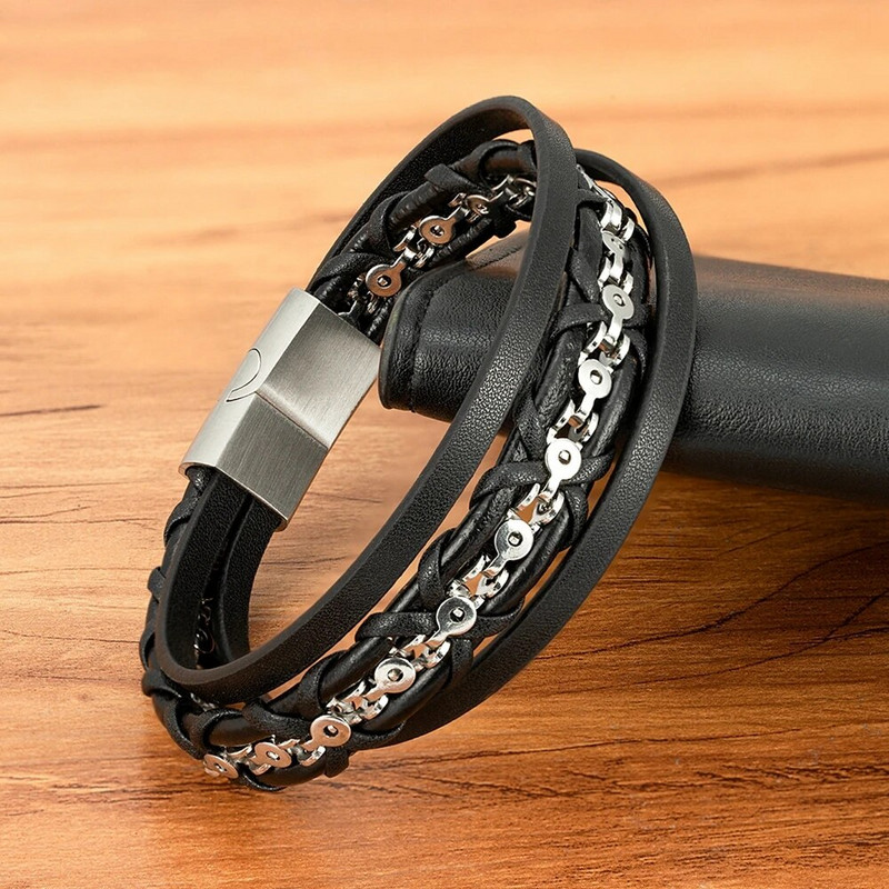 TYO modernas daudzslāņu ādas vīriešu rokassprādzes nerūsējošā tērauda magnētiskās sprādzes ķēdes aproces rotaslietas dāvanu vairumtirdzniecība dropshipping