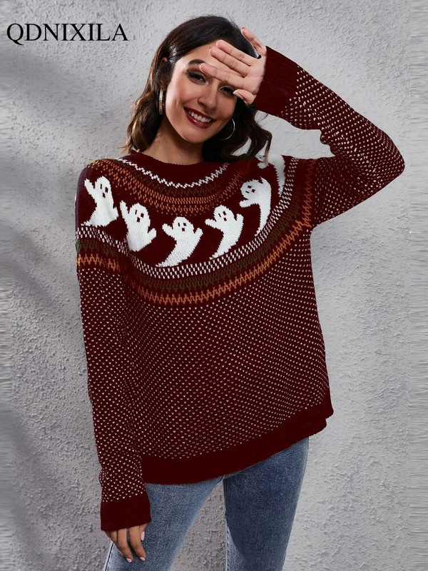 Halloween Γυναικείο πουλόβερ Φθινοπωρινό Χειμώνα Vintage Πουά Μακρυμάνικο Πλεκτό Μόδα Casual Νέο Πουλόβερ Γυναικεία Ρούχα