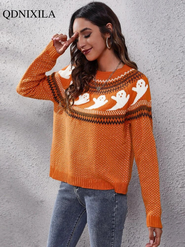 Halloween Γυναικείο πουλόβερ Φθινοπωρινό Χειμώνα Vintage Πουά Μακρυμάνικο Πλεκτό Μόδα Casual Νέο Πουλόβερ Γυναικεία Ρούχα