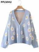 Roztomilý sveter s potlačou Cardigan Jacekts Ženy Ležérne Úplety s výstrihom do V Kabáty Vintage Pletené oblečenie Abrigos Voľné Malhas Abrigos Nové