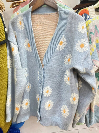 Roztomilý sveter s potlačou Cardigan Jacekts Ženy Ležérne Úplety s výstrihom do V Kabáty Vintage Pletené oblečenie Abrigos Voľné Malhas Abrigos Nové