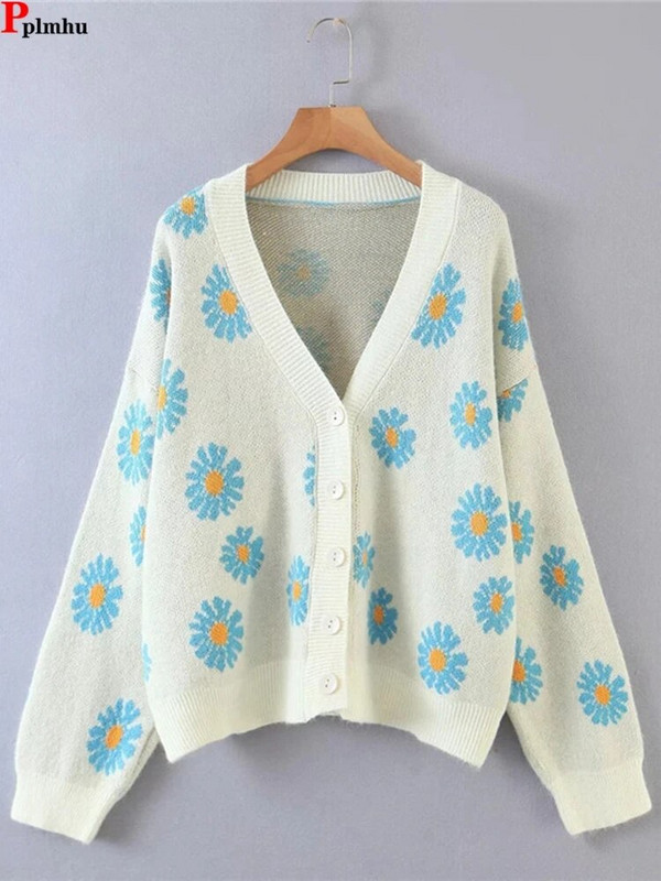 Roztomilý sveter s potlačou Cardigan Jacekts Ženy Ležérne Úplety s výstrihom do V Kabáty Vintage Pletené oblečenie Abrigos Voľné Malhas Abrigos Nové