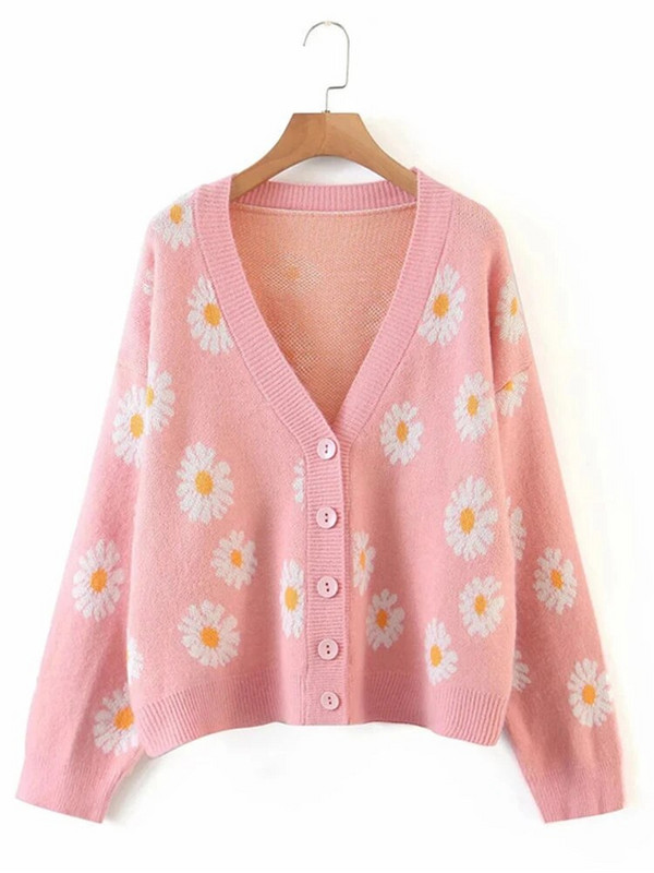 Roztomilý sveter s potlačou Cardigan Jacekts Ženy Ležérne Úplety s výstrihom do V Kabáty Vintage Pletené oblečenie Abrigos Voľné Malhas Abrigos Nové