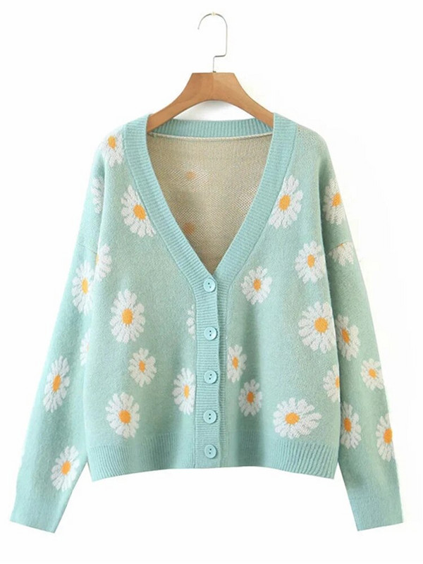 Roztomilý sveter s potlačou Cardigan Jacekts Ženy Ležérne Úplety s výstrihom do V Kabáty Vintage Pletené oblečenie Abrigos Voľné Malhas Abrigos Nové