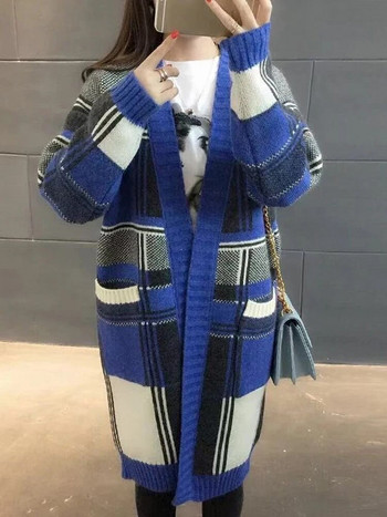 Винтидж карирани пуловери Дълга жилетка Дамски ежедневни широки плетени палта Корейски трикотажни якета с v-образно деколте Нови меки горнища Malhas Gilet