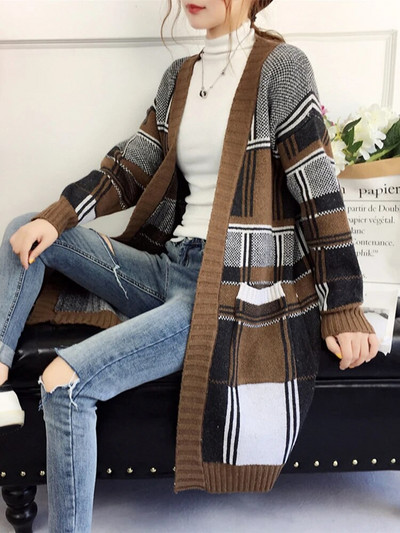 Vintage rūtaini džemperi, gari džemperi, sieviešu ikdienas brīvi adīti mēteļi korejiešu V veida kakla izgriezuma trikotāžas izstrādājumi jakas