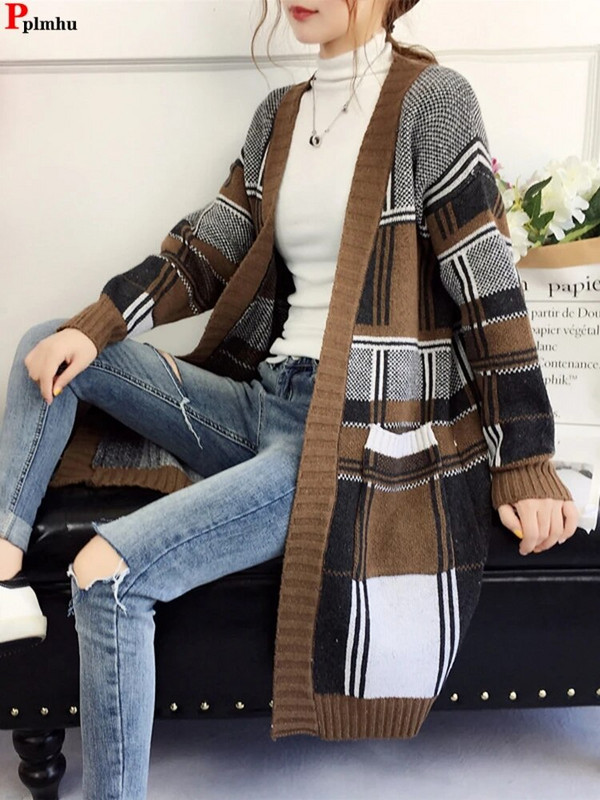 Vintage rūtaini džemperi, gari džemperi, sieviešu ikdienas brīvi adīti mēteļi korejiešu V veida kakla izgriezuma trikotāžas izstrādājumi jakas