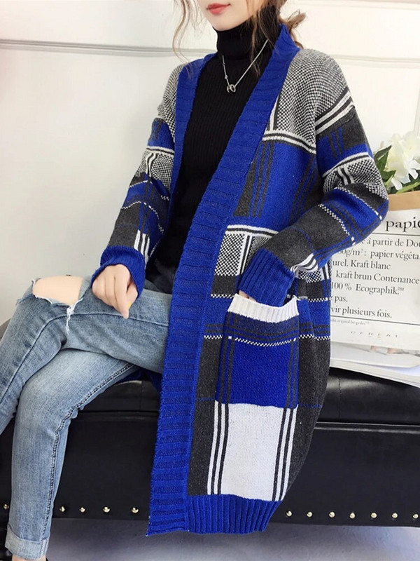 Vintage rūtaini džemperi, gari džemperi, sieviešu ikdienas brīvi adīti mēteļi korejiešu V veida kakla izgriezuma trikotāžas izstrādājumi jakas