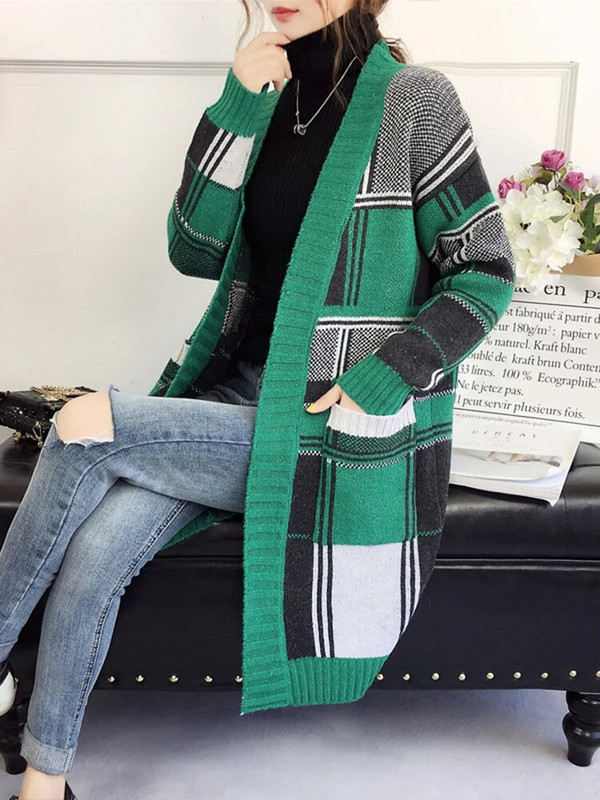 Vintage rūtaini džemperi, gari džemperi, sieviešu ikdienas brīvi adīti mēteļi korejiešu V veida kakla izgriezuma trikotāžas izstrādājumi jakas