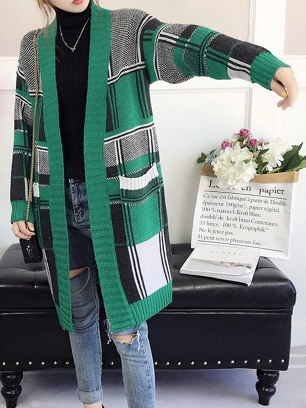 Vintage rūtaini džemperi, gari džemperi, sieviešu ikdienas brīvi adīti mēteļi korejiešu V veida kakla izgriezuma trikotāžas izstrādājumi jakas