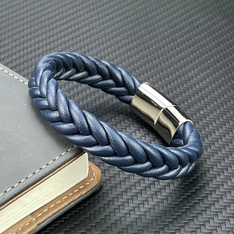 Punk vīriešu pītas ādas rokassprādzes rotaslietas melnas/brūnas/sarkanas/zilas nerūsējošā tērauda magnētiskā aizdare Modes aproces, šarmu rokassprādzes