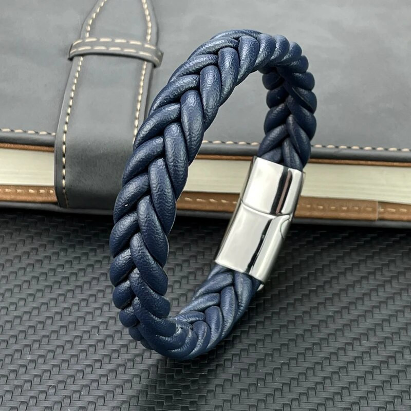 Punk vīriešu pītas ādas rokassprādzes rotaslietas melnas/brūnas/sarkanas/zilas nerūsējošā tērauda magnētiskā aizdare Modes aproces, šarmu rokassprādzes