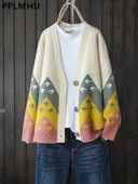 Vintage apdrukas jaciņa mēteļi sievietēm rudens ziemas brīvs džemperis jaka ikdienišķs silts trikotāžas korejiešu V veida kakla trikotāža Casaco topi