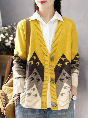 Vintage εμπριμέ ζακέτα Γυναικεία φθινοπωρινά Χειμώνα Χαλαρά πουλόβερ μπουφάν Casual ζεστό πλεκτό Gilet Κορεάτικο πλεκτό με λαιμόκοψη σε σχήμα V Μπλουζάκια Casaco