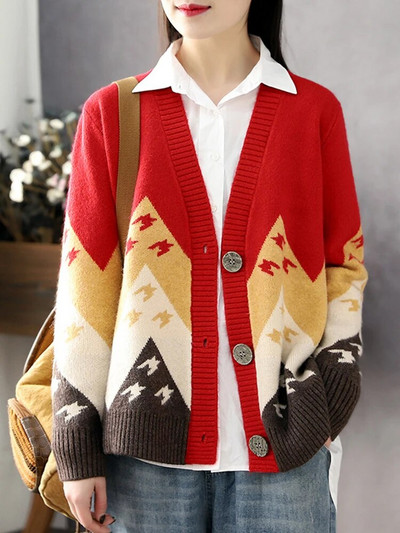 Vintage apdrukas jaciņa mēteļi sievietēm rudens ziemas brīvs džemperis jaka ikdienišķs silts trikotāžas korejiešu V veida kakla trikotāža Casaco topi