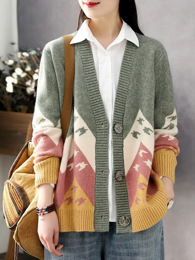 Vintage apdrukas jaciņa mēteļi sievietēm rudens ziemas brīvs džemperis jaka ikdienišķs silts trikotāžas korejiešu V veida kakla trikotāža Casaco topi