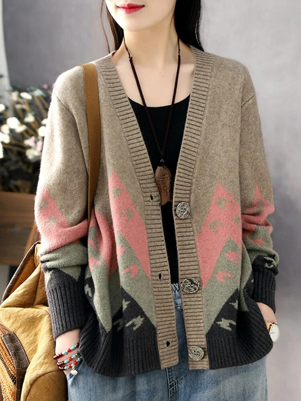 Vintage apdrukas jaciņa mēteļi sievietēm rudens ziemas brīvs džemperis jaka ikdienišķs silts trikotāžas korejiešu V veida kakla trikotāža Casaco topi