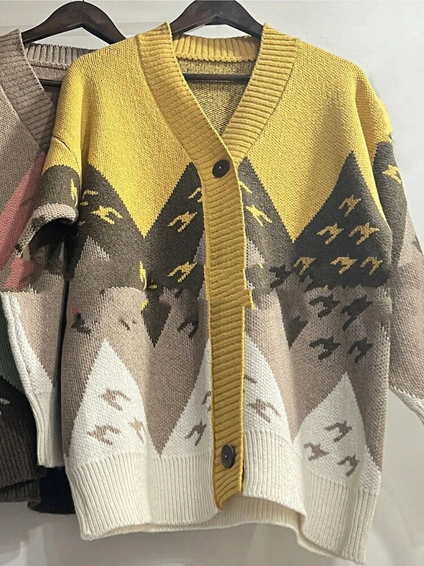 Vintage apdrukas jaciņa mēteļi sievietēm rudens ziemas brīvs džemperis jaka ikdienišķs silts trikotāžas korejiešu V veida kakla trikotāža Casaco topi