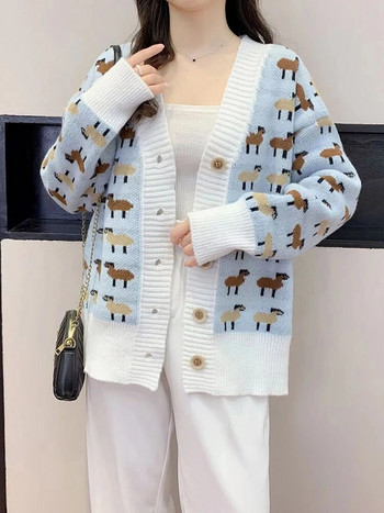 Πλεκτά με στάμπα κινουμένων σχεδίων Παλτό ζακέτα Γυναικεία χαριτωμένα μπουφάν με μονό στήθος Κορεατικά φαρδιά πλεκτά Gilet Casual Νέες μπλούζες Malhas