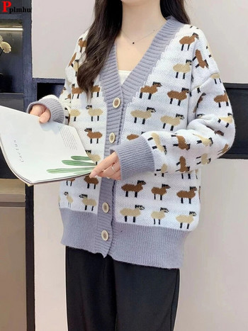 Πλεκτά με στάμπα κινουμένων σχεδίων Παλτό ζακέτα Γυναικεία χαριτωμένα μπουφάν με μονό στήθος Κορεατικά φαρδιά πλεκτά Gilet Casual Νέες μπλούζες Malhas