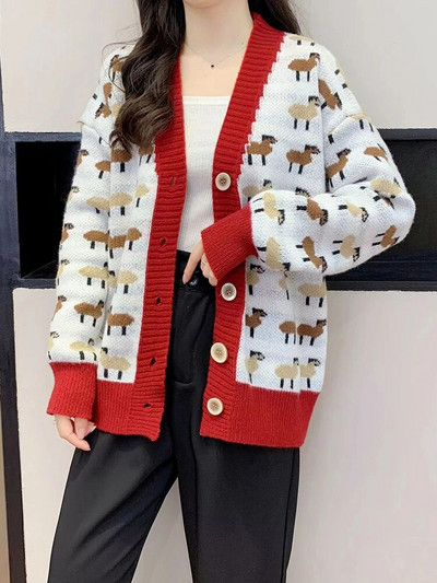 Karikatūra Drukas Trikotāžas Jaciņas Mēteļi Sievietēm Jauki Vienrindas Džemperis Jakas Korejiešu Brīvi Adījums Gilet Ikdienišķi jauni Malhas Topi