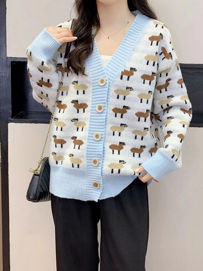 Karikatūra Drukas Trikotāžas Jaciņas Mēteļi Sievietēm Jauki Vienrindas Džemperis Jakas Korejiešu Brīvi Adījums Gilet Ikdienišķi jauni Malhas Topi