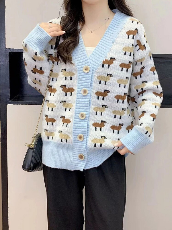 Karikatūra Drukas Trikotāžas Jaciņas Mēteļi Sievietēm Jauki Vienrindas Džemperis Jakas Korejiešu Brīvi Adījums Gilet Ikdienišķi jauni Malhas Topi